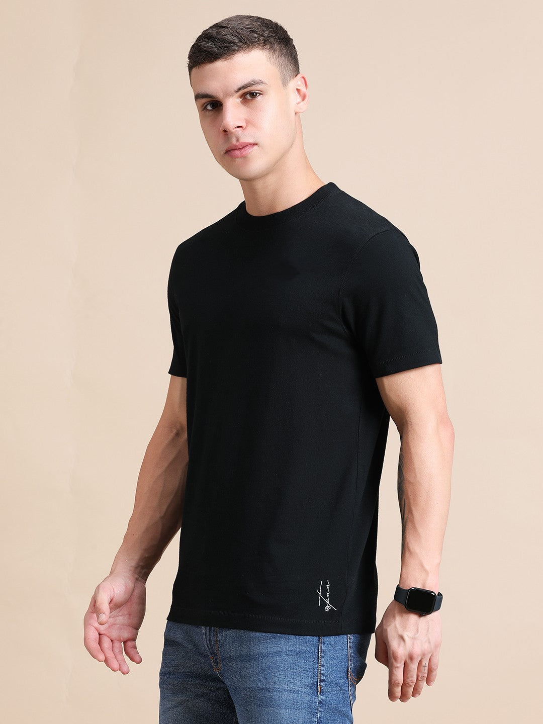 Navy Blue Cotton Crew Neck Plain T-Shirt For Men