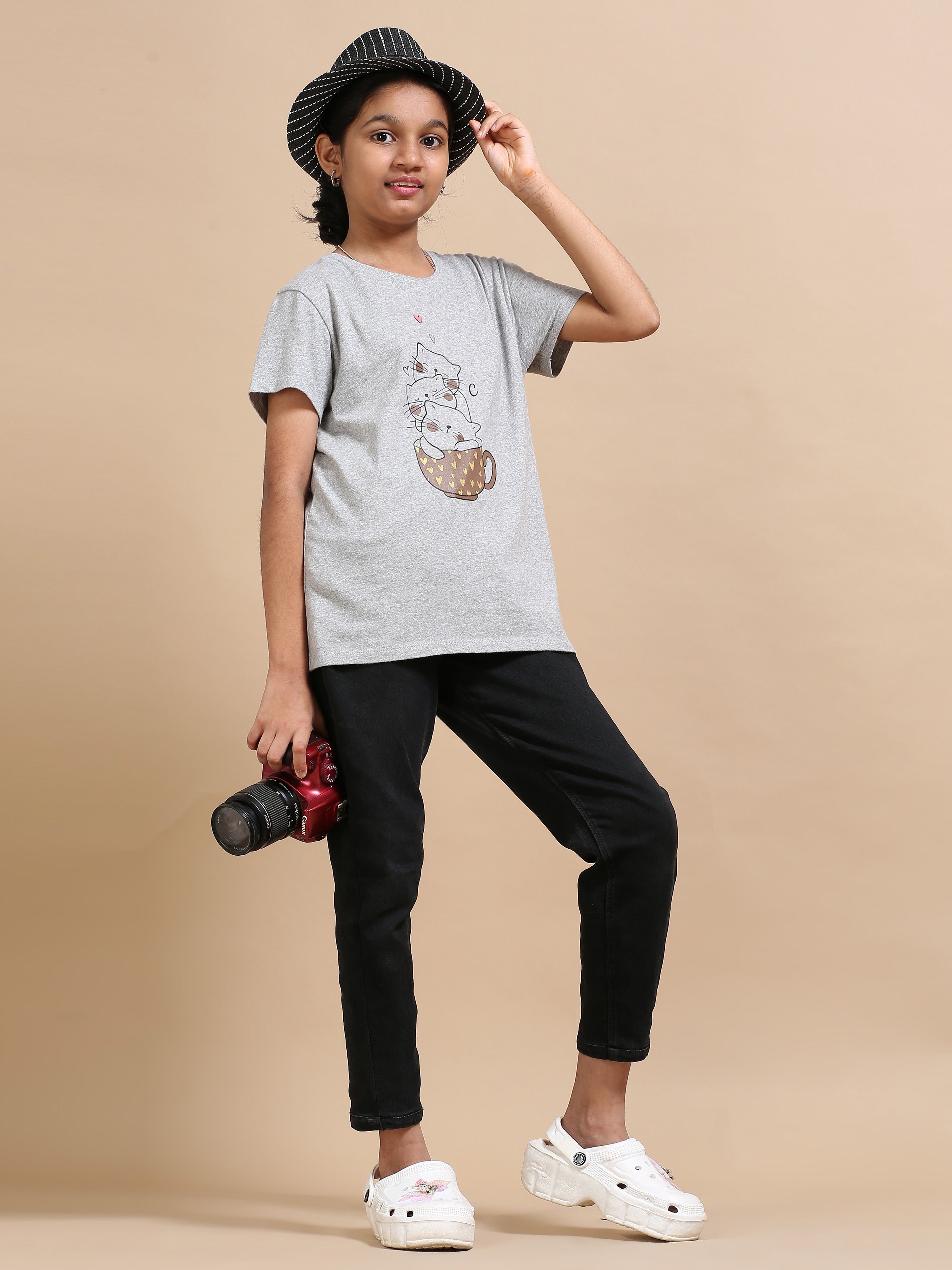 Melange 100% Cotton Crew Neck Girl's T Shirt