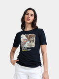Navy Cotton Crew Neck Printed T-Shirt For Women