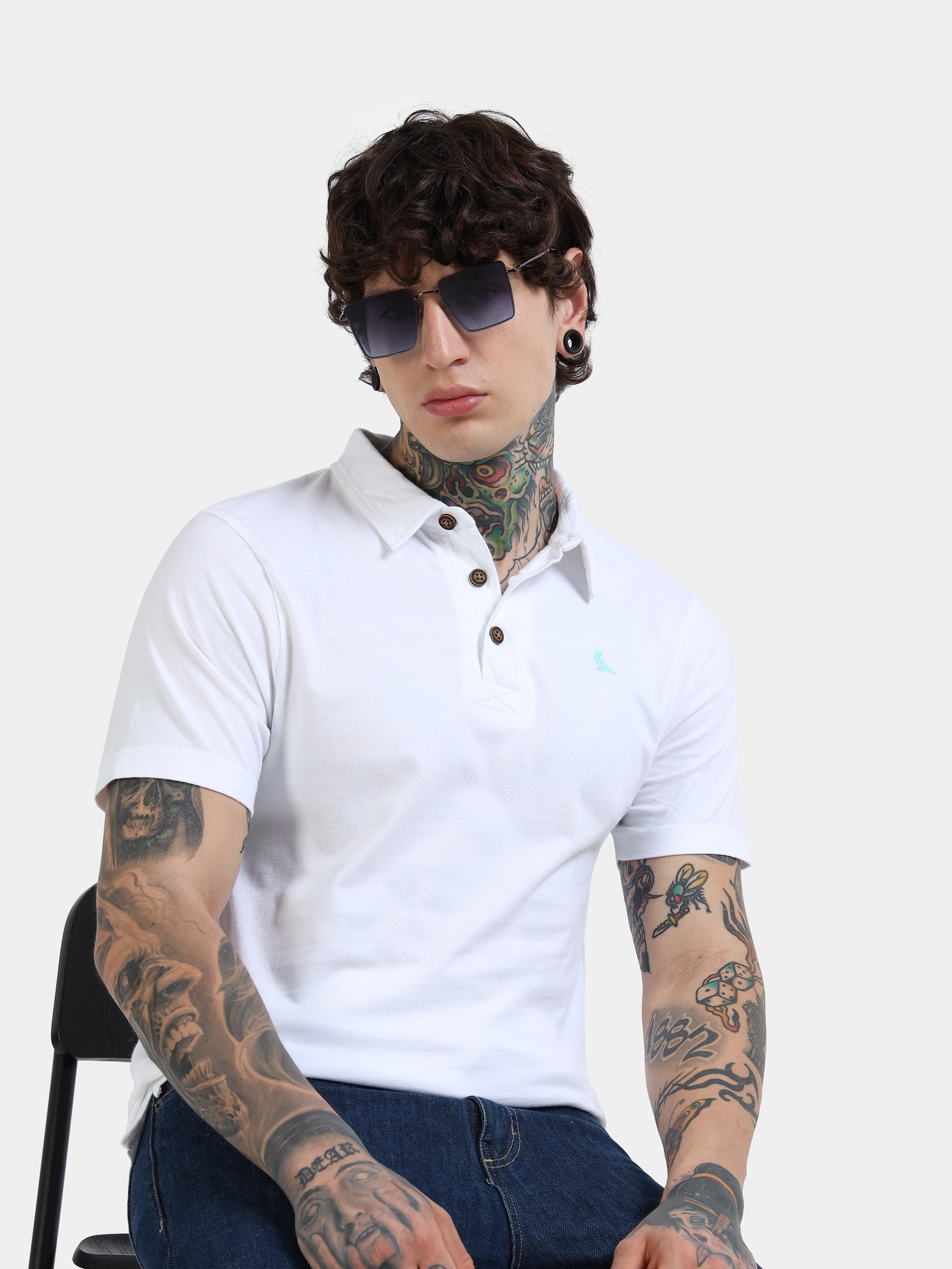 White Cotton Self Craft Polo Tee for Men