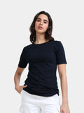 Navy Cotton Crew Neck Plain T-Shirt For Women