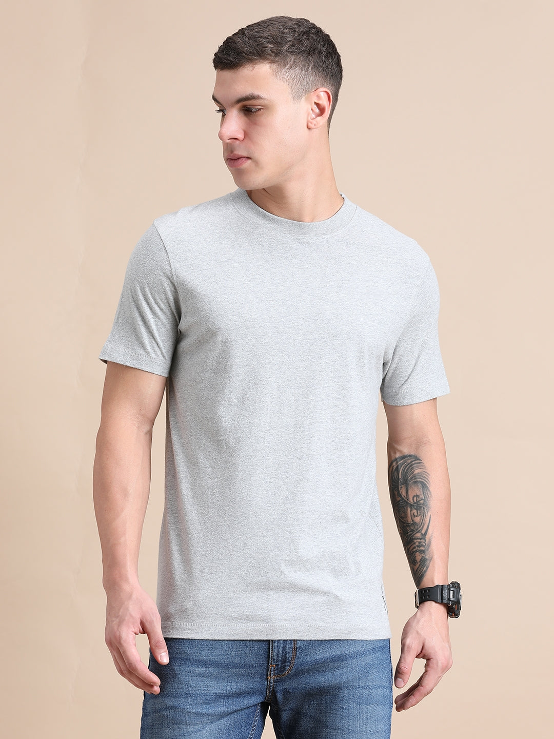 Melange Cotton Crew Neck Plain T-Shirt For Men