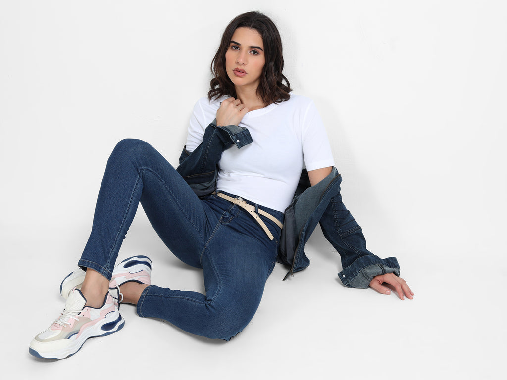 White Cotton Crew Neck Plain T-Shirt For Women