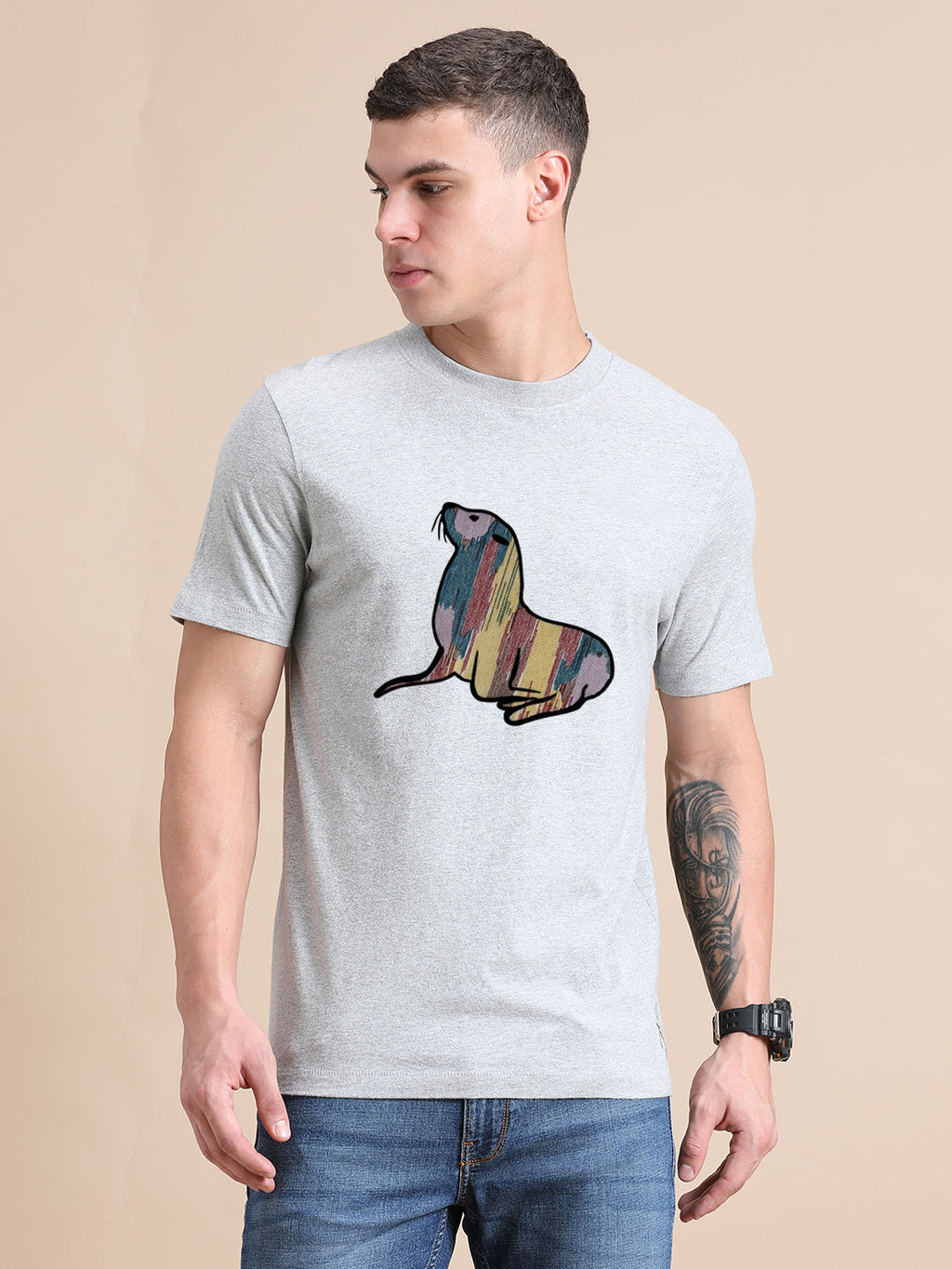 Melange Cotton Crew Neck Printed T-Shirt For Men