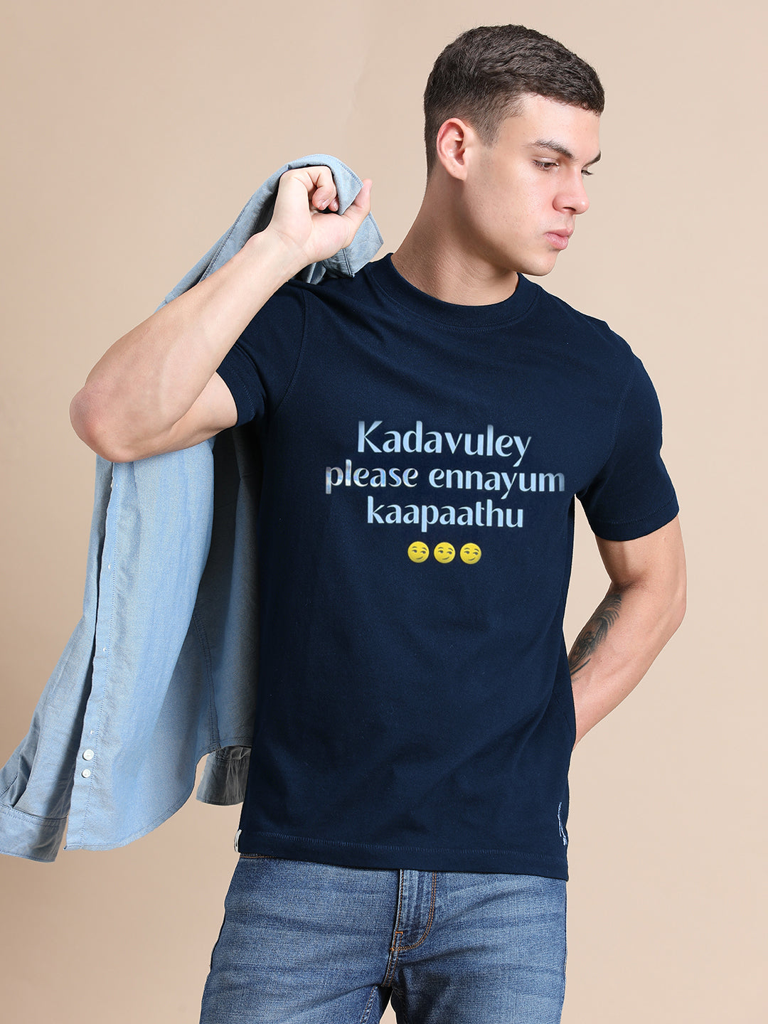 Navy Blue Cotton Crew Neck Printed T-Shirt For Men