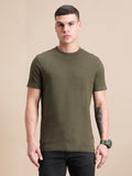 Olive Green Cotton Crew Neck Plain T-Shirt For Men