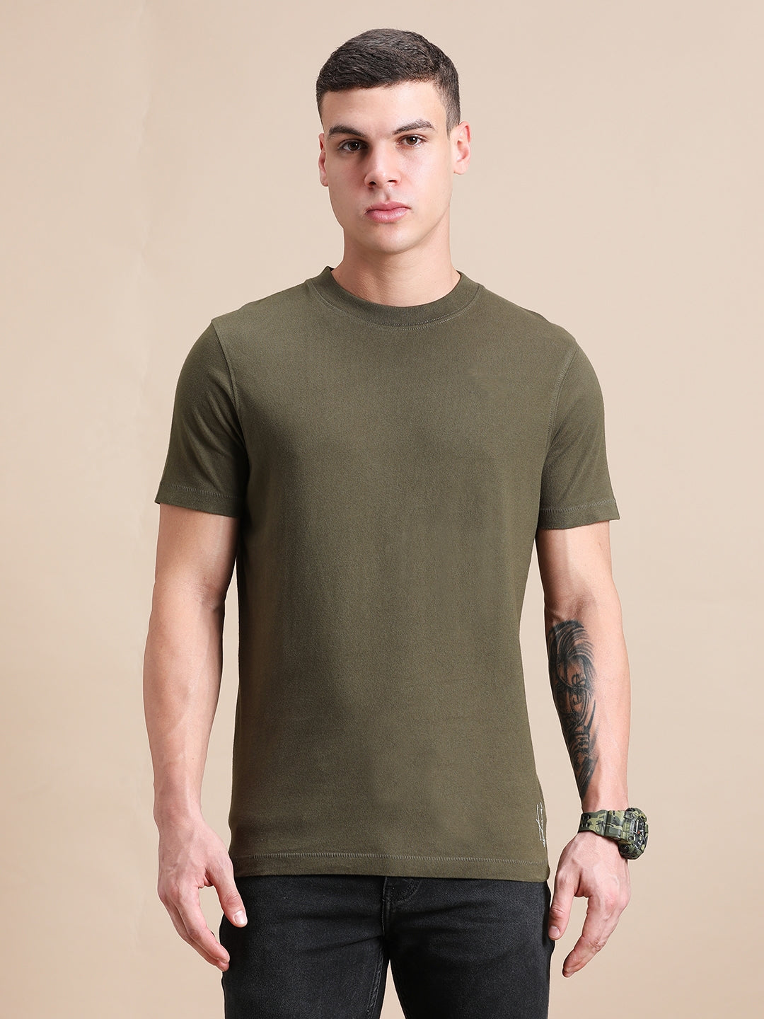 Olive Green Cotton Crew Neck Plain T-Shirt For Men
