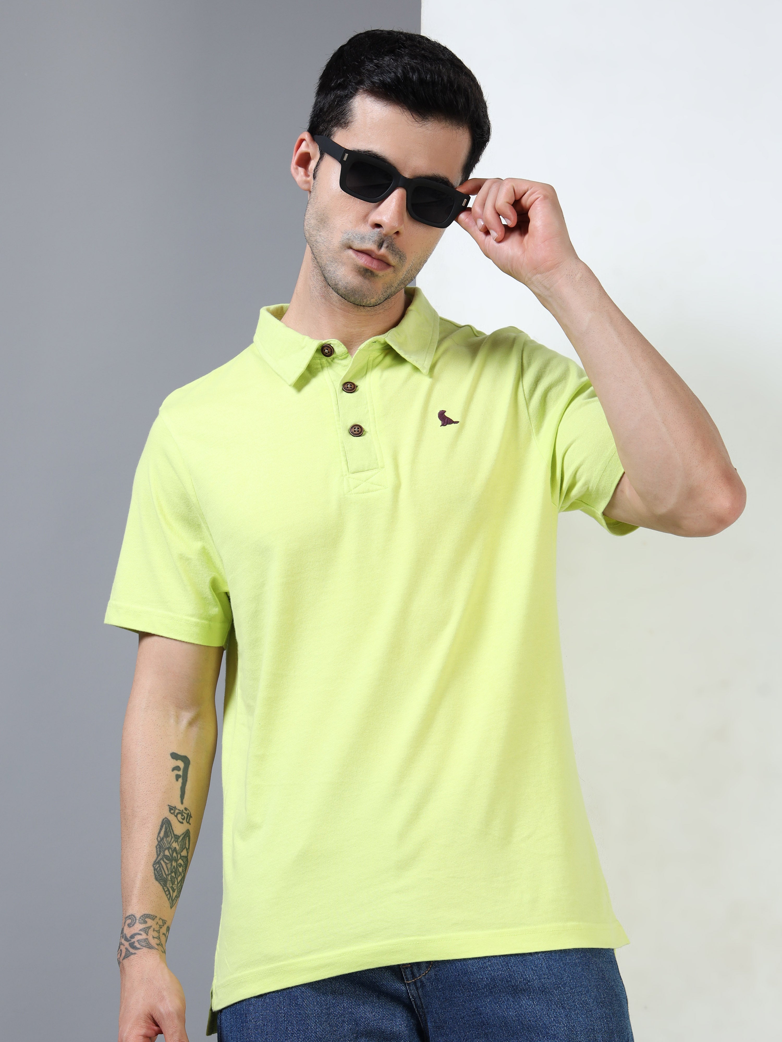 Lime Cotton Self Craft Polo Tee for Men