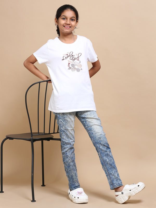 White 100% Cotton Crew Neck Girl's T Shirt