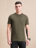 Olive Green Cotton Crew Neck Logo T-Shirt For Men