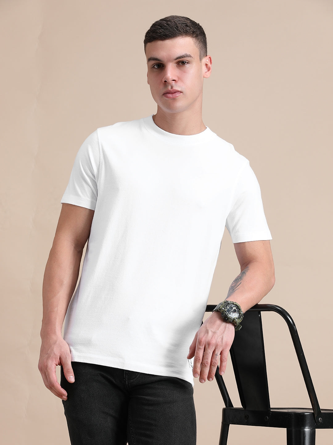 White Cotton Crew Neck Plain T-Shirt For Men