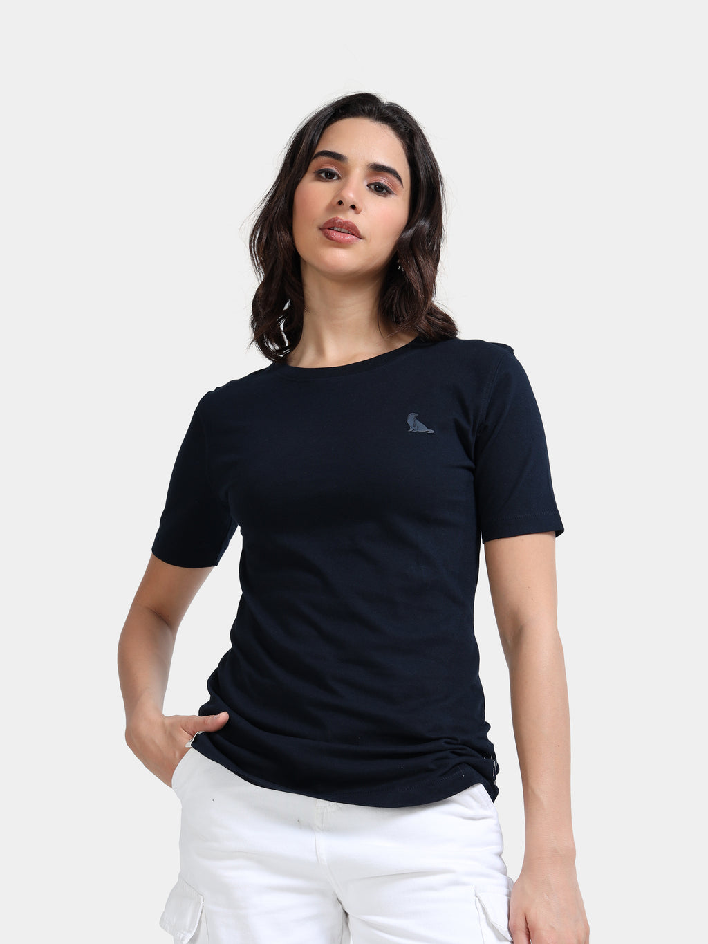 Navy Cotton Crew Neck Logo T-Shirt For Women