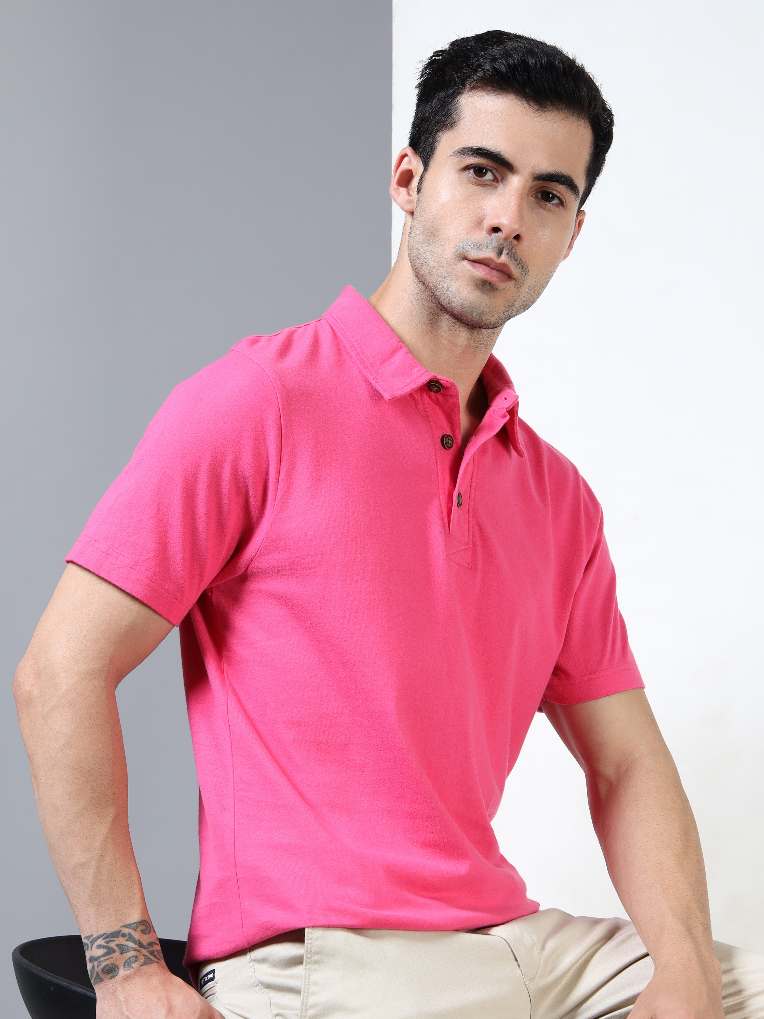 Hot Pink Self Craft Polo Tee for Men