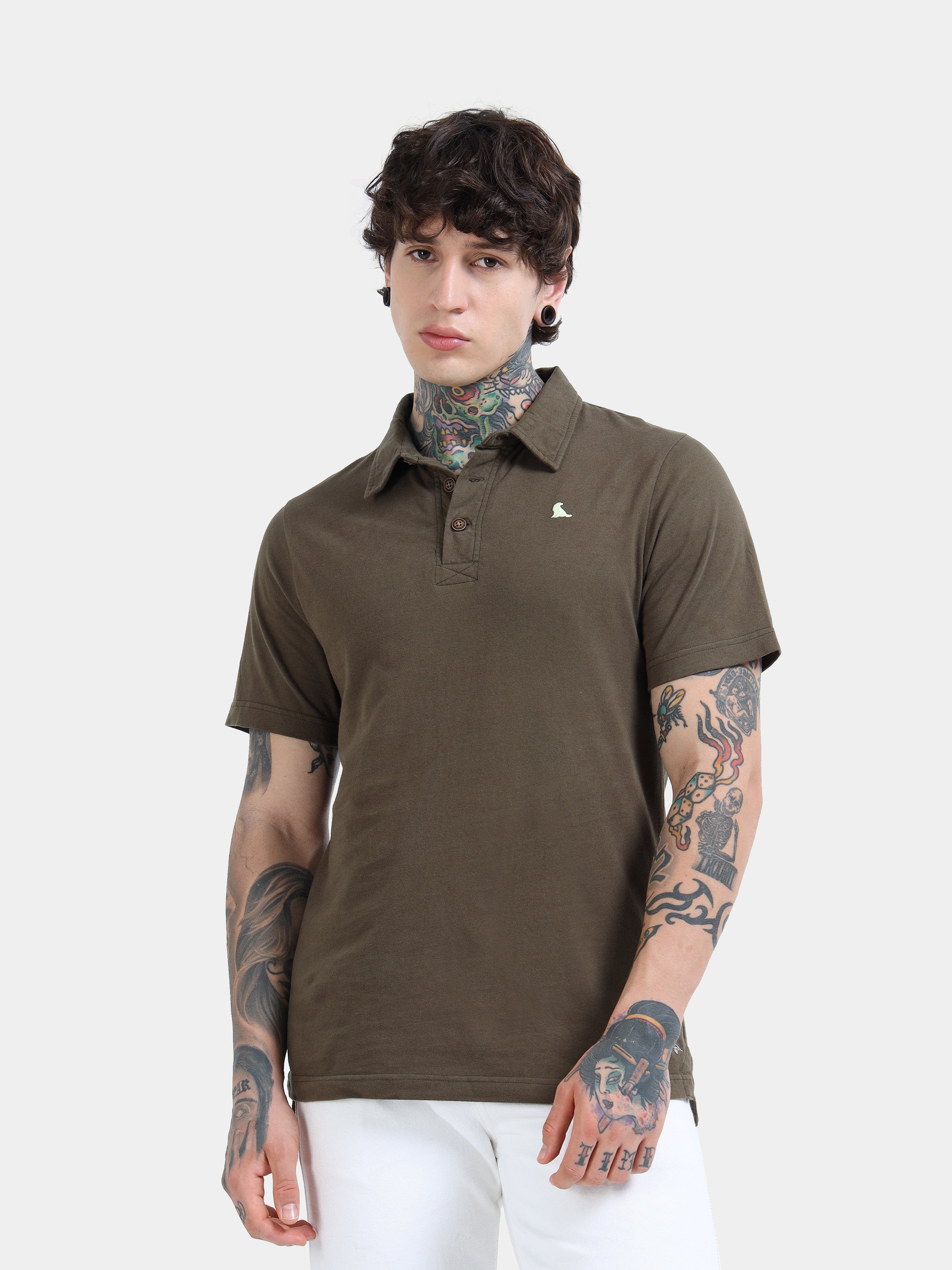 Olive Green Self Craft Polo Tee for Men