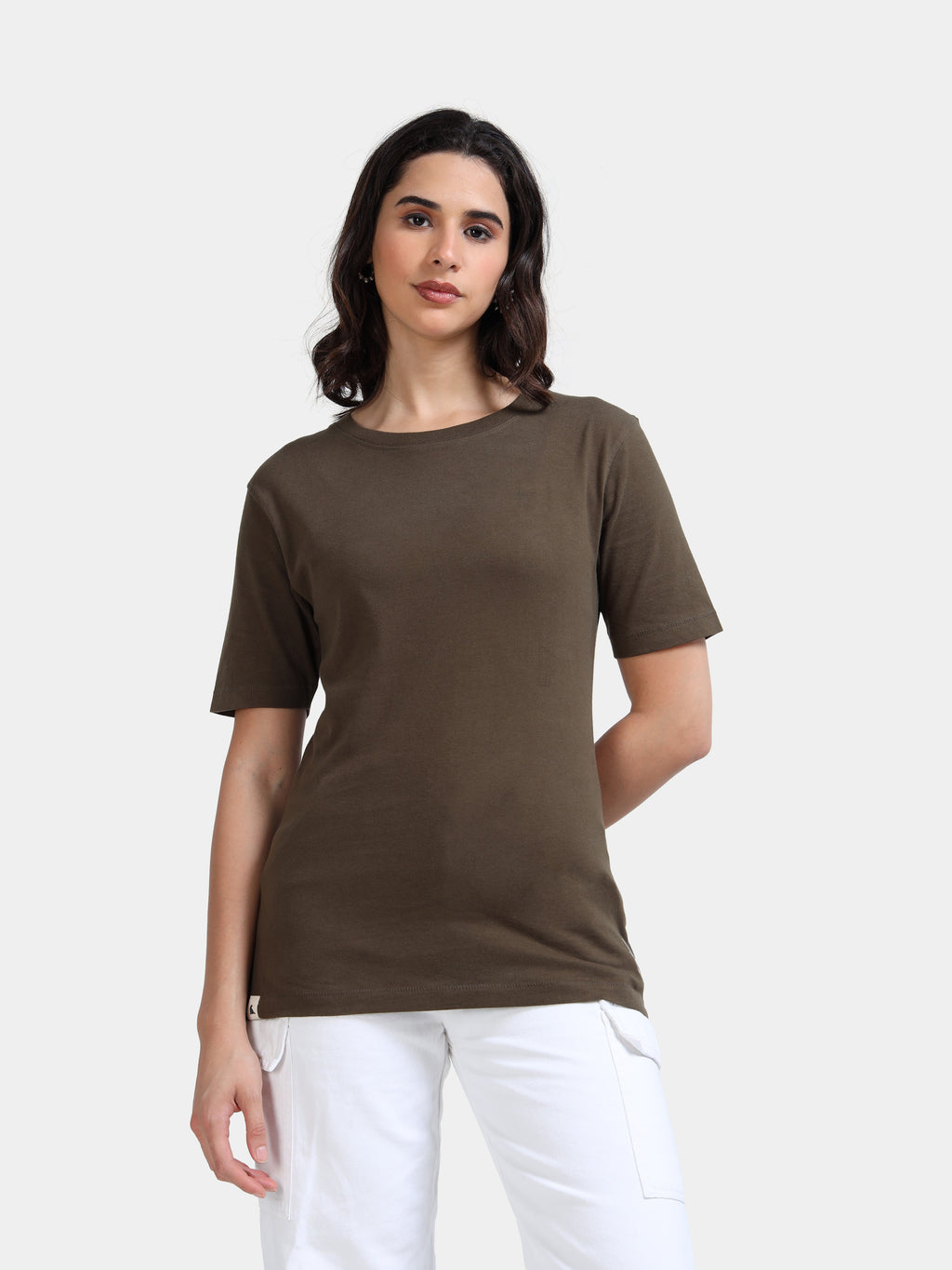 Olive Green Cotton Crew Neck Plain T-Shirt For Women