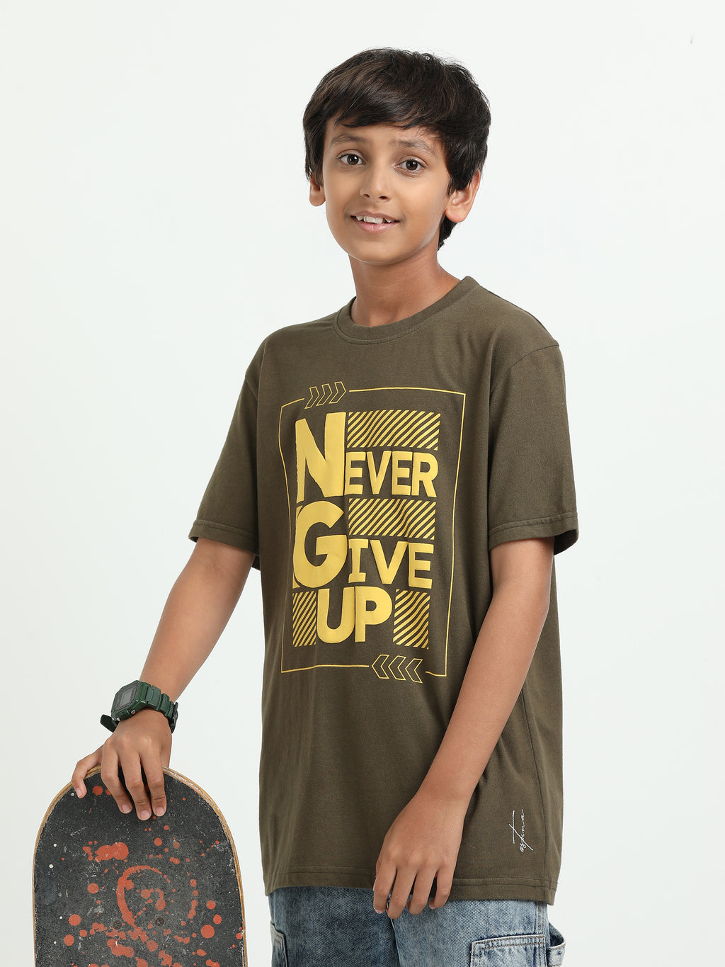 Olive 100% Cotton Crew Neck Boy's T Shirt