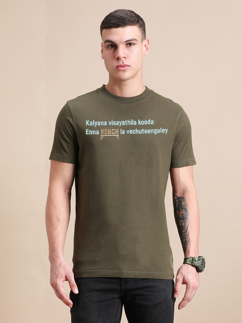 Olive Green Cotton Crew Neck Printed T-Shirt For Men