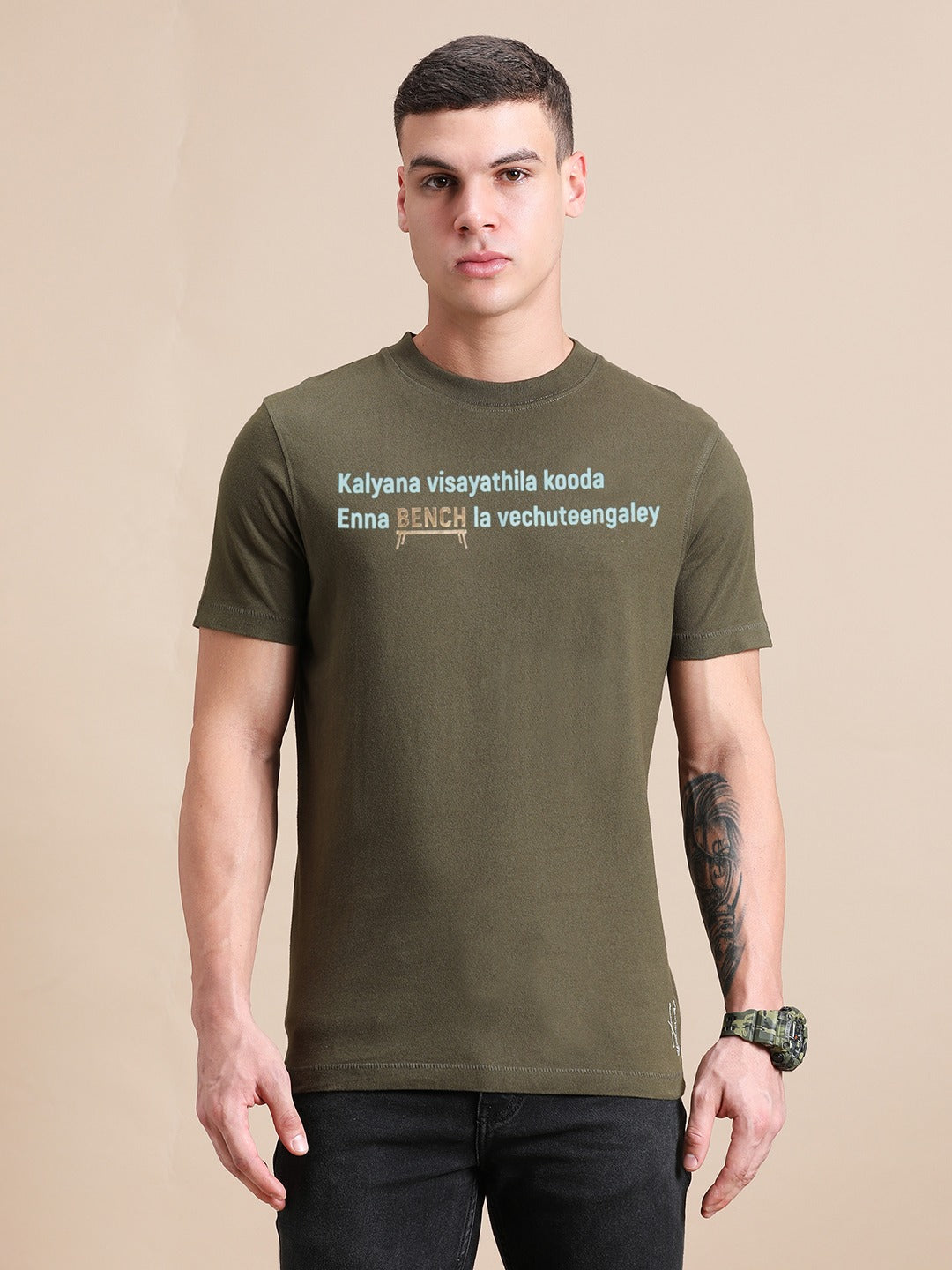 Olive Green Cotton Crew Neck Printed T-Shirt For Men