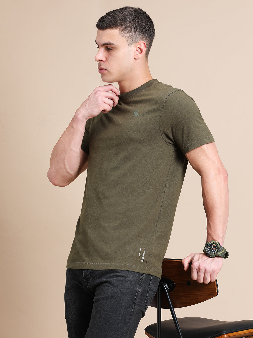 Olive Green Cotton Crew Neck Logo T-Shirt For Men
