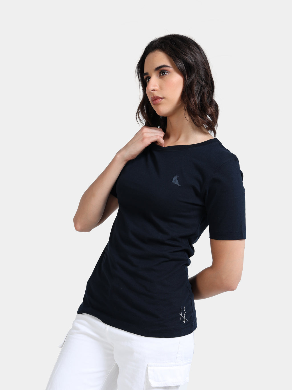 Navy Cotton Crew Neck Logo T-Shirt For Women