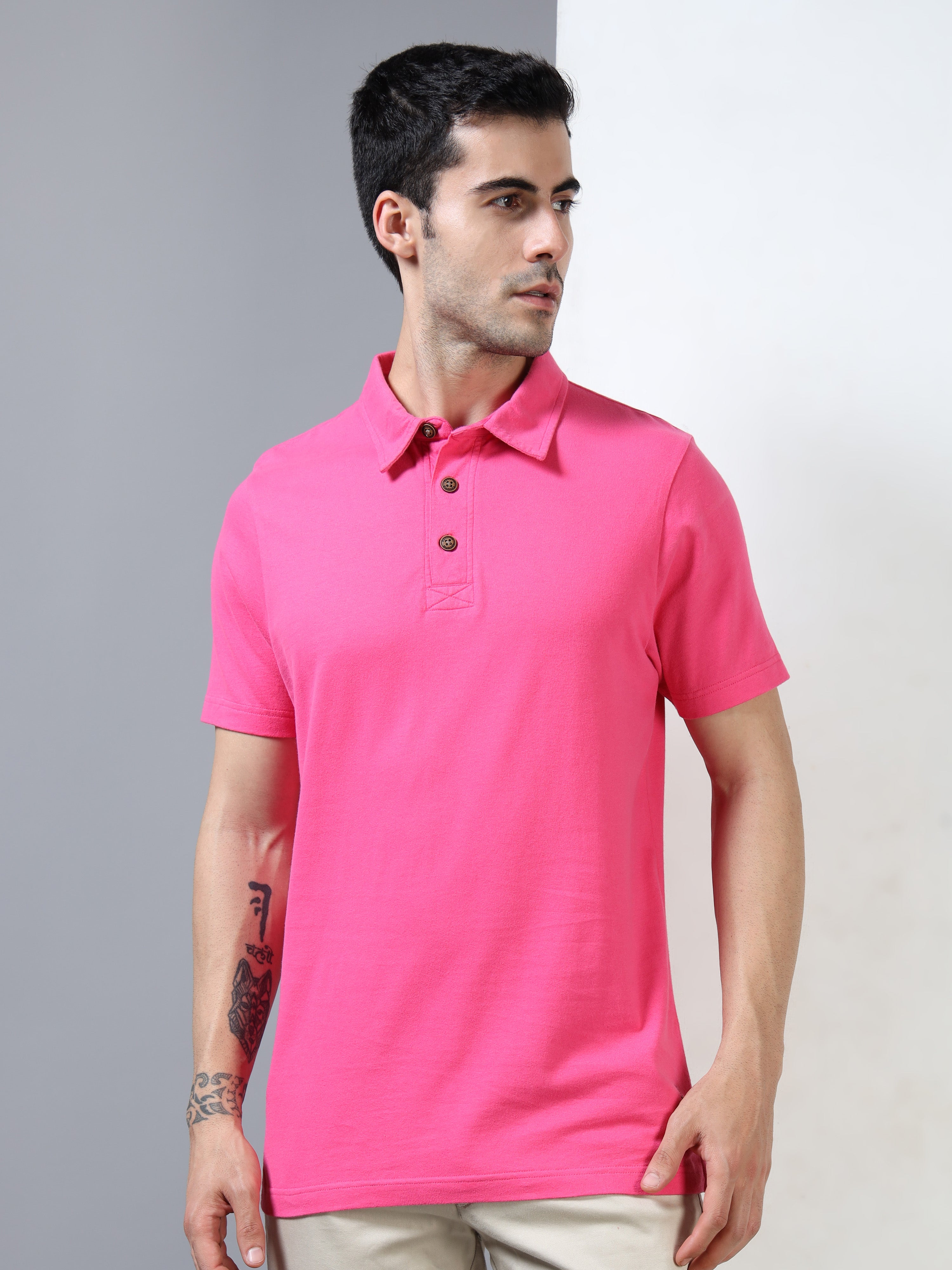 Hot Pink Self Craft Polo Tee for Men