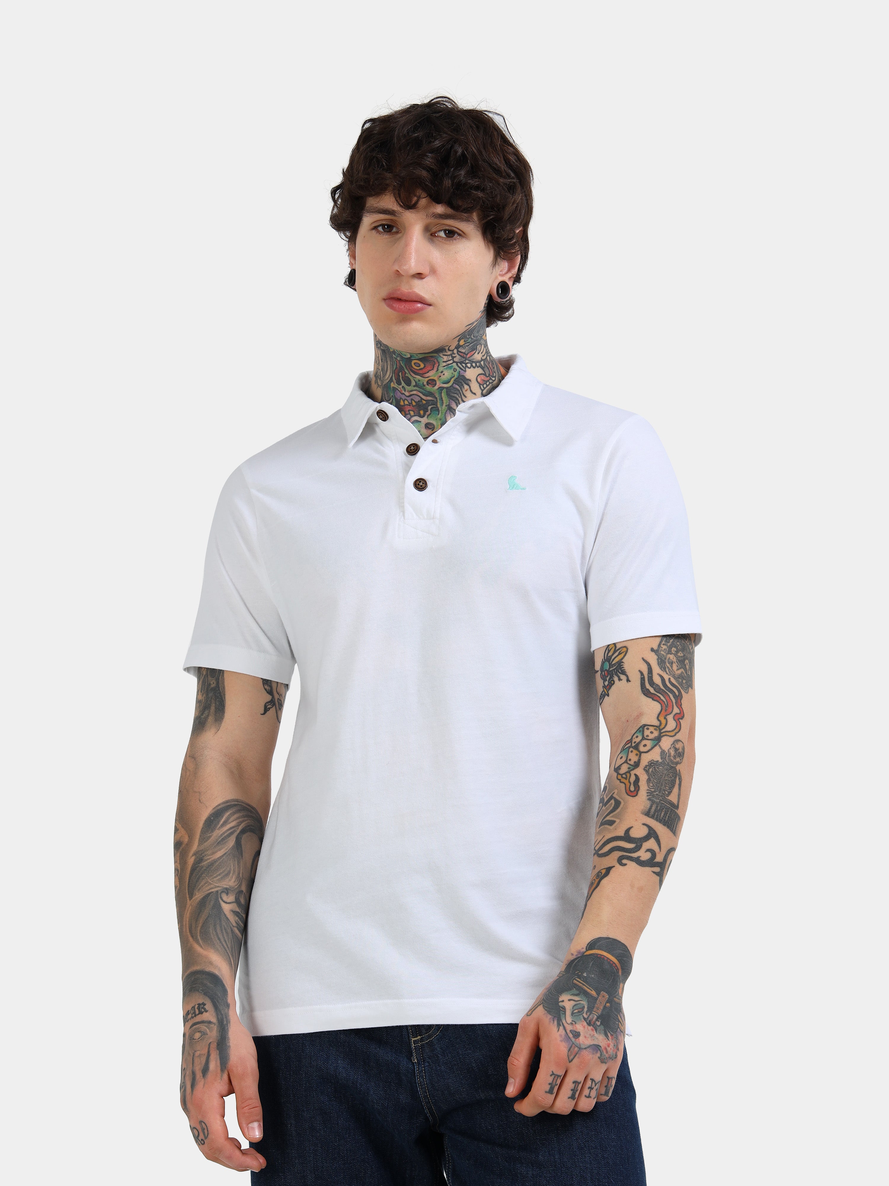 White Cotton Self Craft Polo Tee for Men