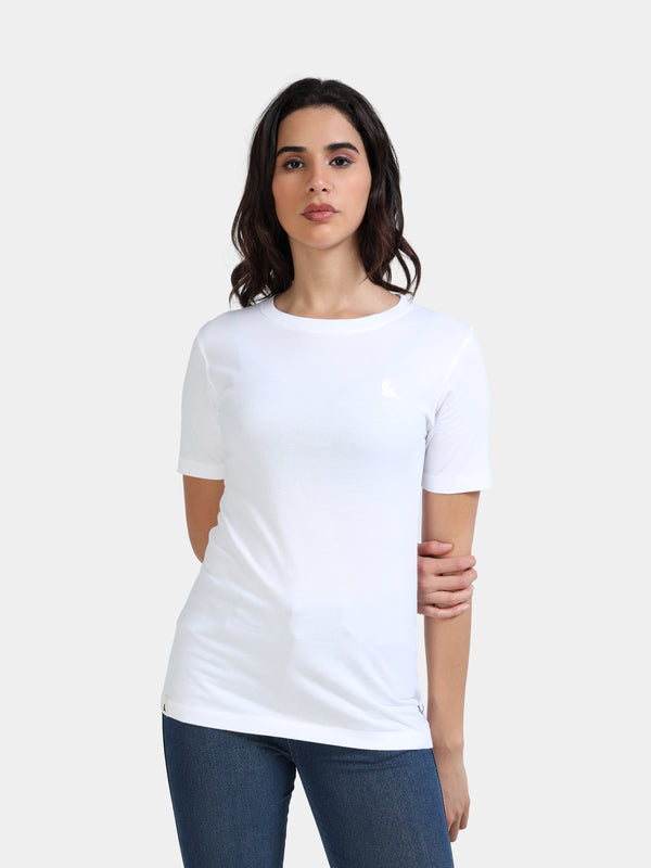 White Cotton Crew Neck Logo T-Shirt For Women