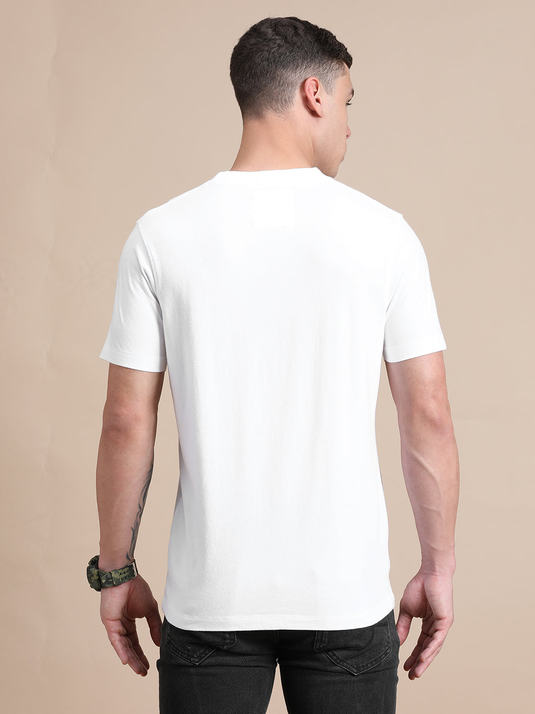 White Cotton Crew Neck Printed T-Shirt For Men