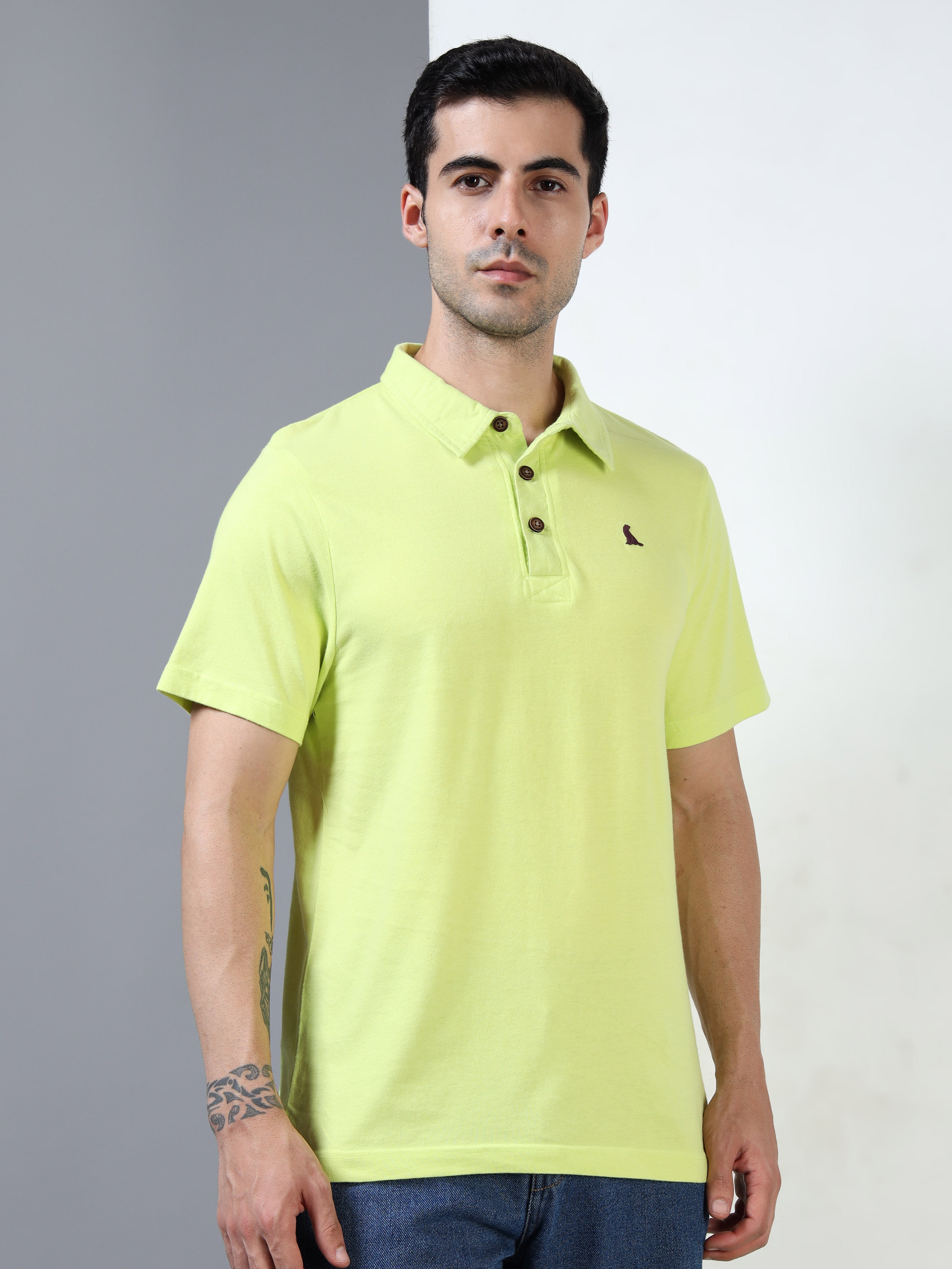 Lime Cotton Self Craft Polo Tee for Men