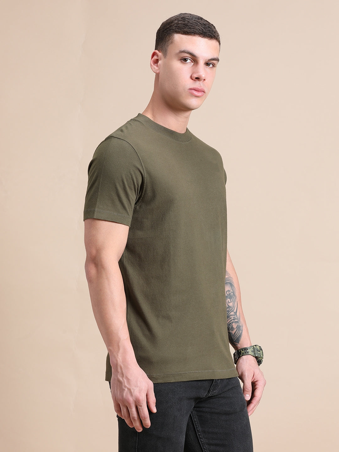 Olive Green Cotton Crew Neck Plain T-Shirt For Men