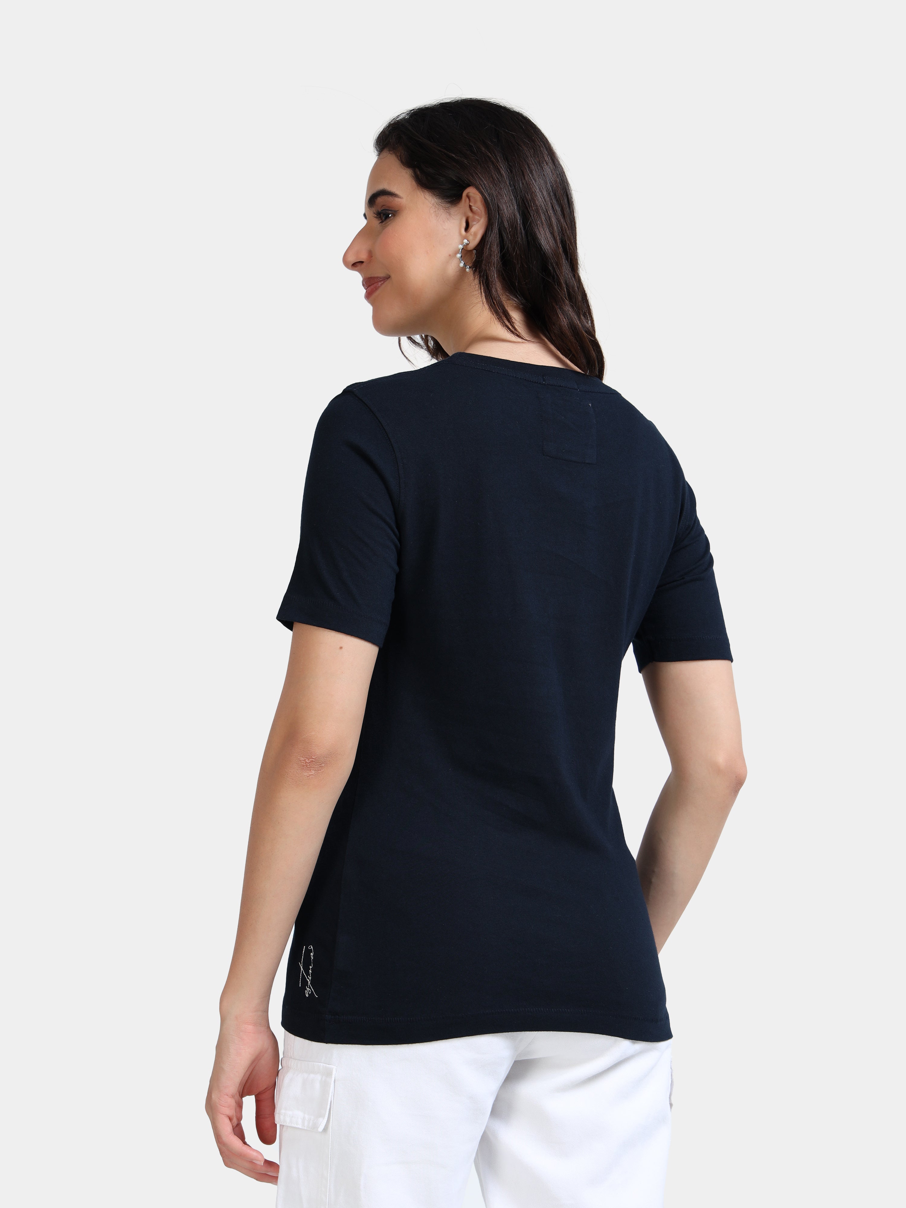 Navy Cotton Crew Neck Plain T-Shirt For Women