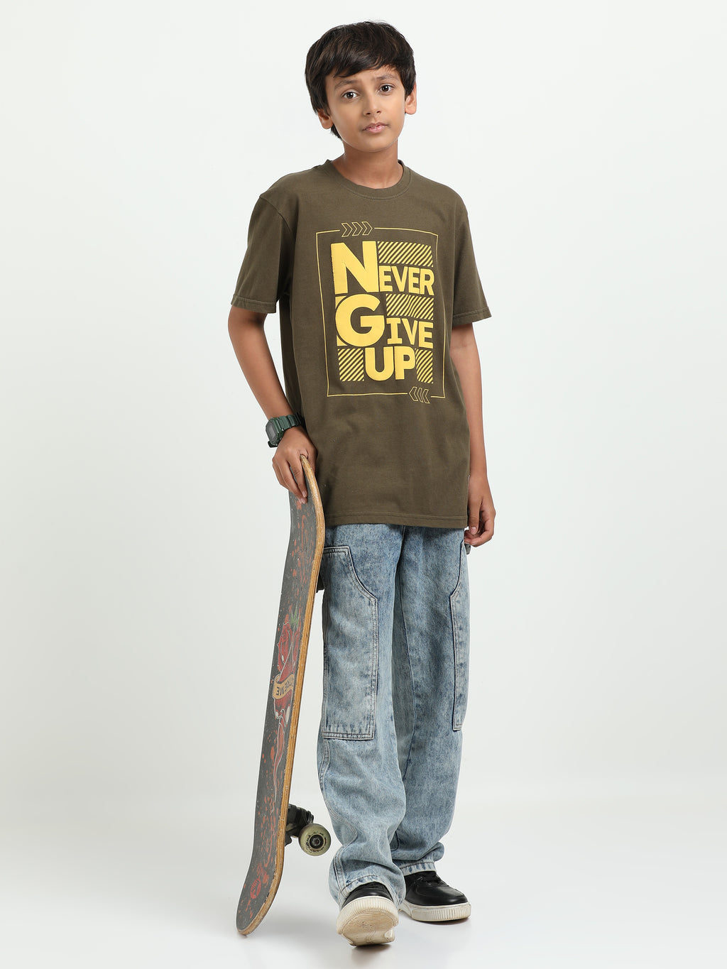 Olive 100% Cotton Crew Neck Boy's T Shirt