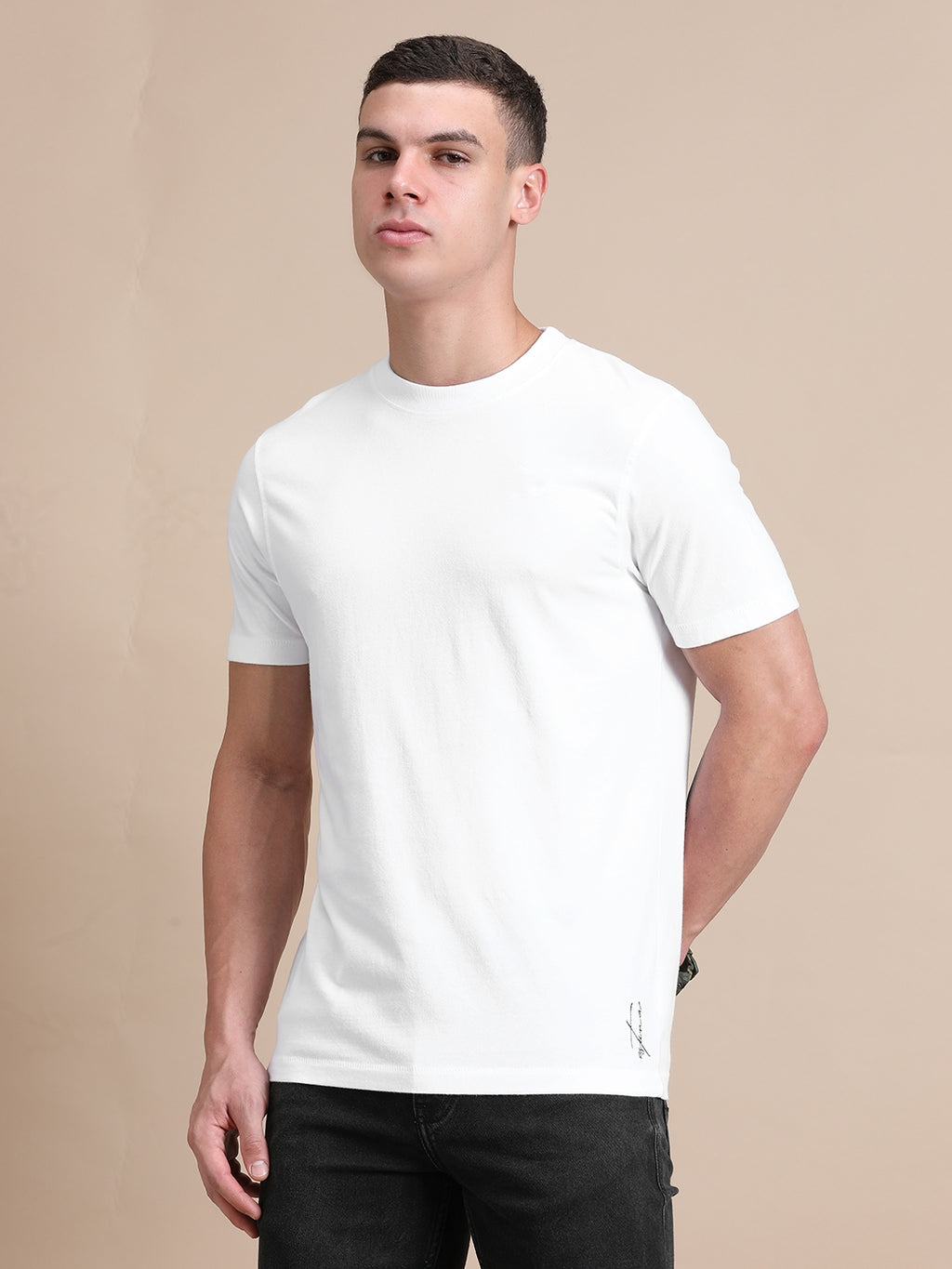 White Cotton Crew Neck Plain T-Shirt For Men