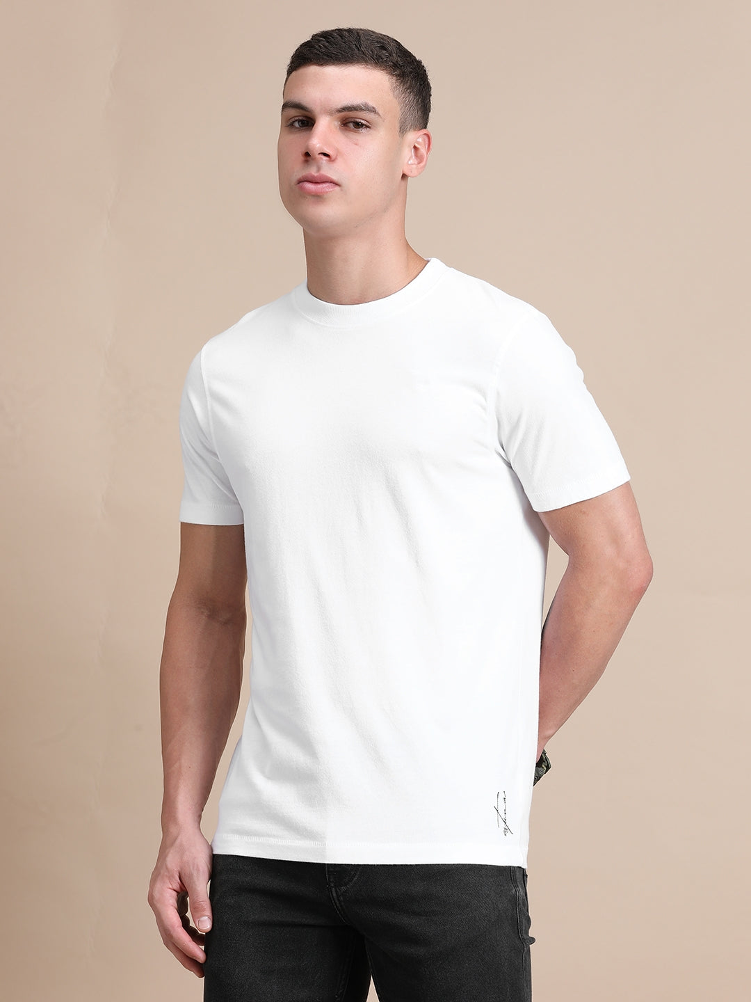 White Cotton Crew Neck Plain T-Shirt For Men