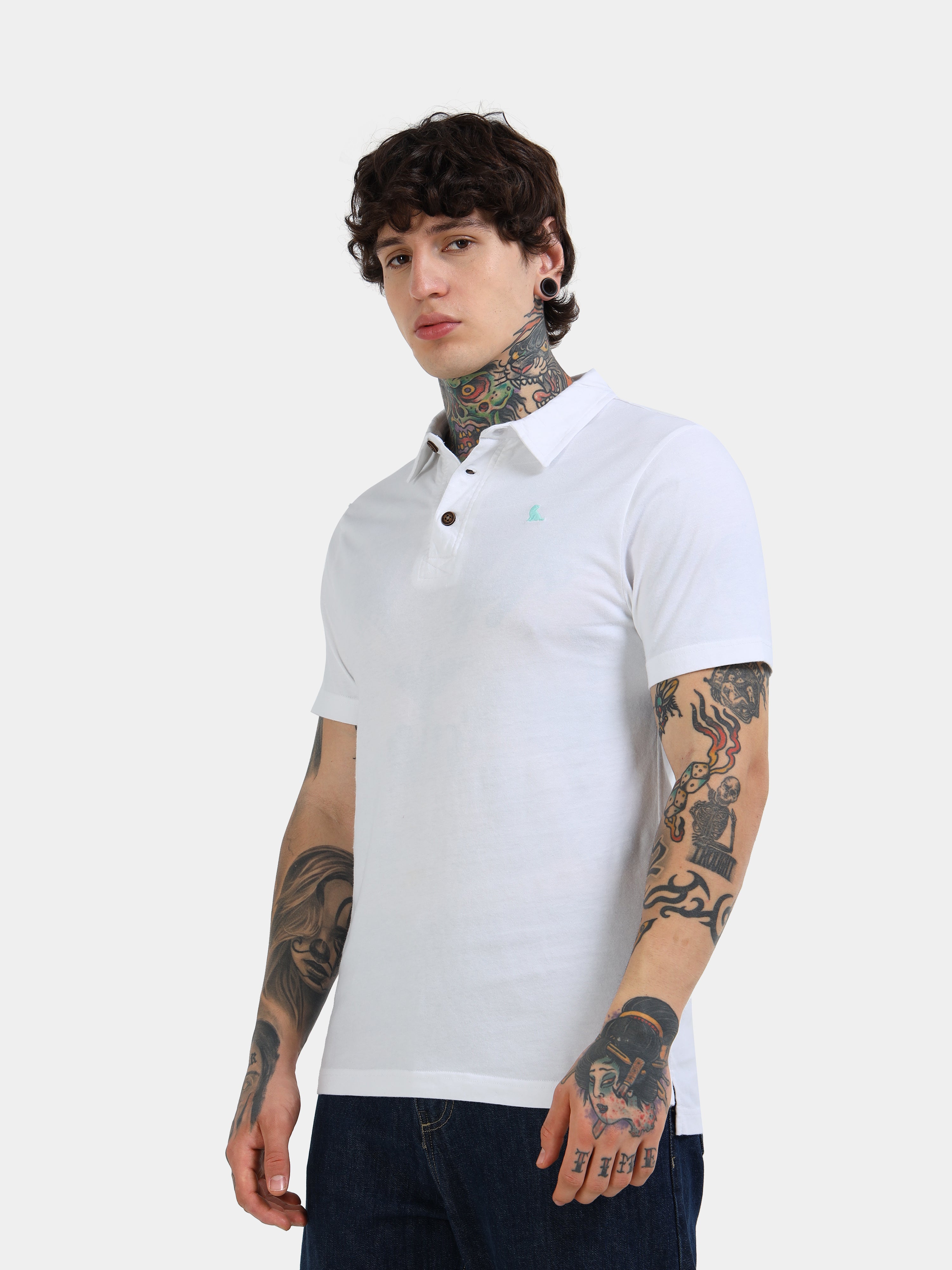 White Cotton Self Craft Polo Tee for Men