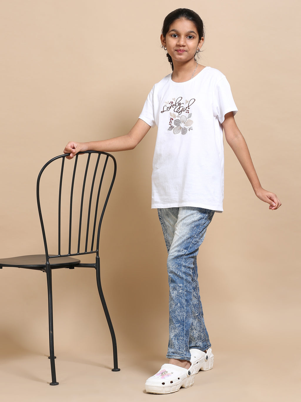 White 100% Cotton Crew Neck Girl's T Shirt