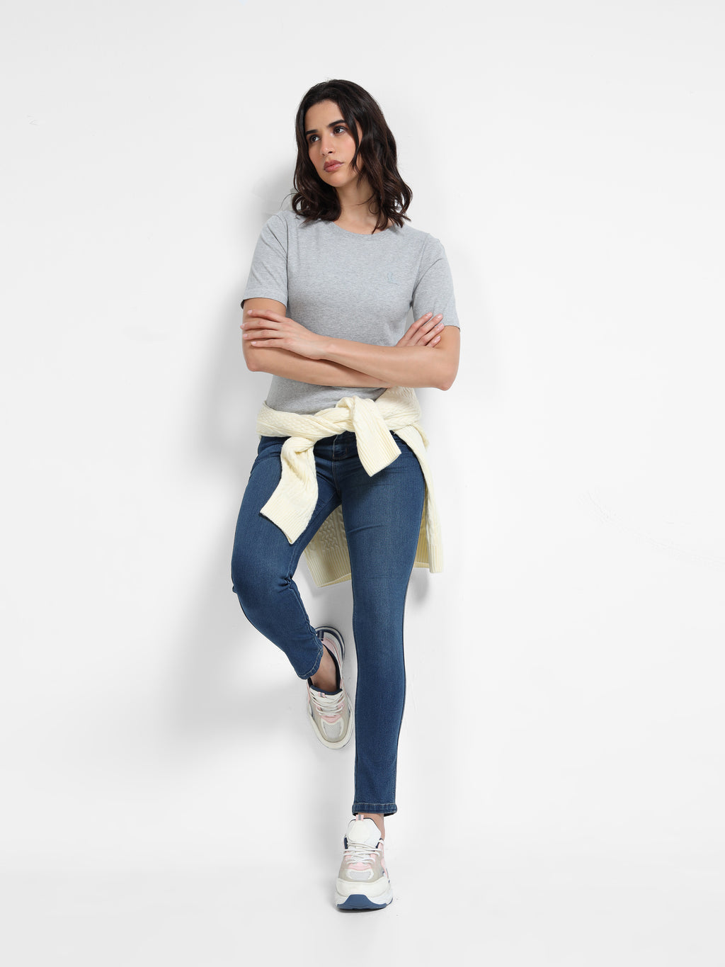 Melange Cotton Crew Neck Logo T-Shirt For Women