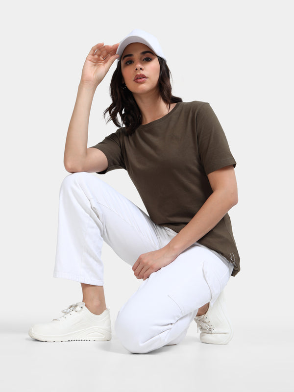 Olive Green Cotton Crew Neck Plain T-Shirt For Women