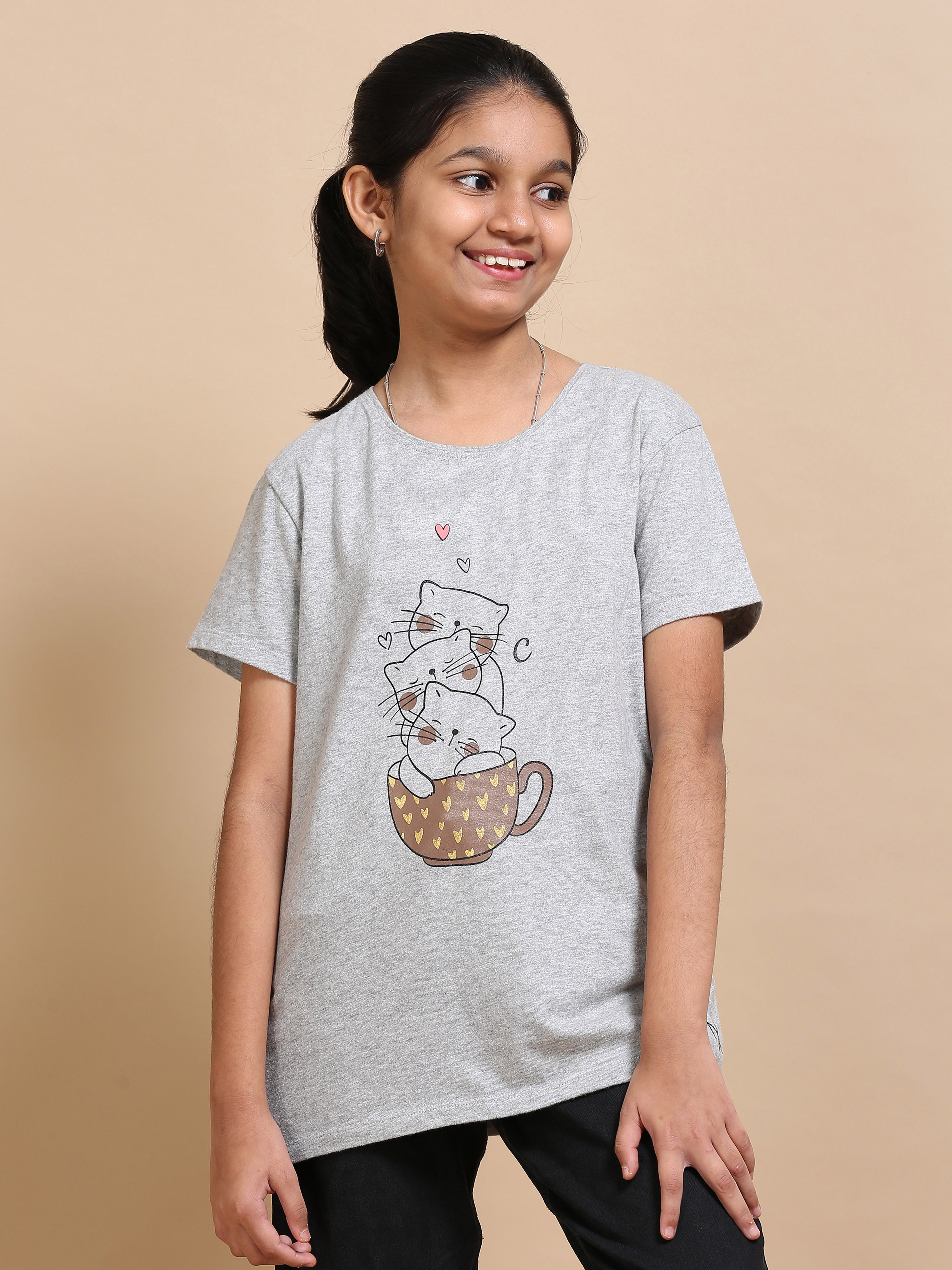 Melange 100% Cotton Crew Neck Girl's T Shirt