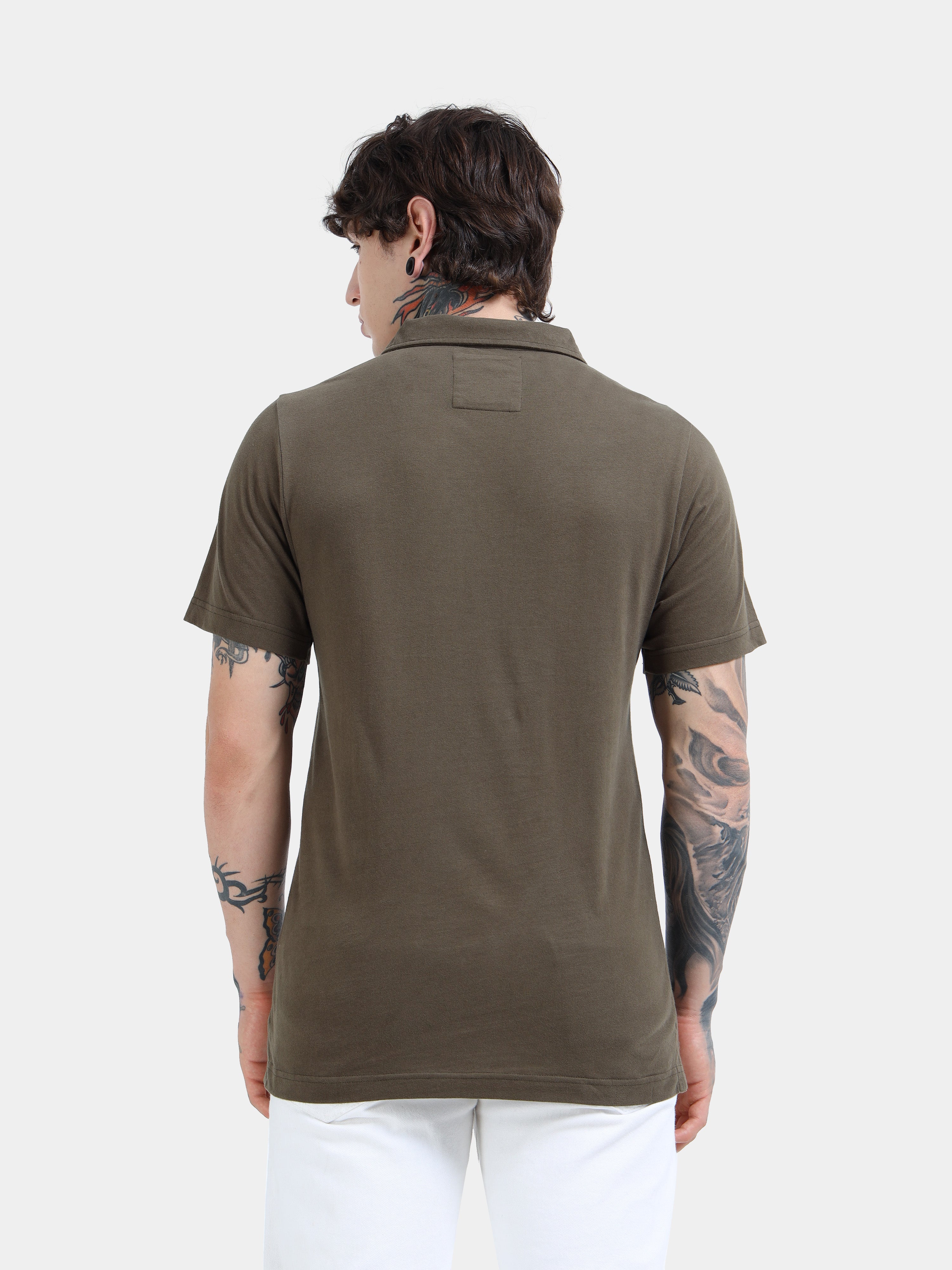 Olive Green Self Craft Polo Tee for Men