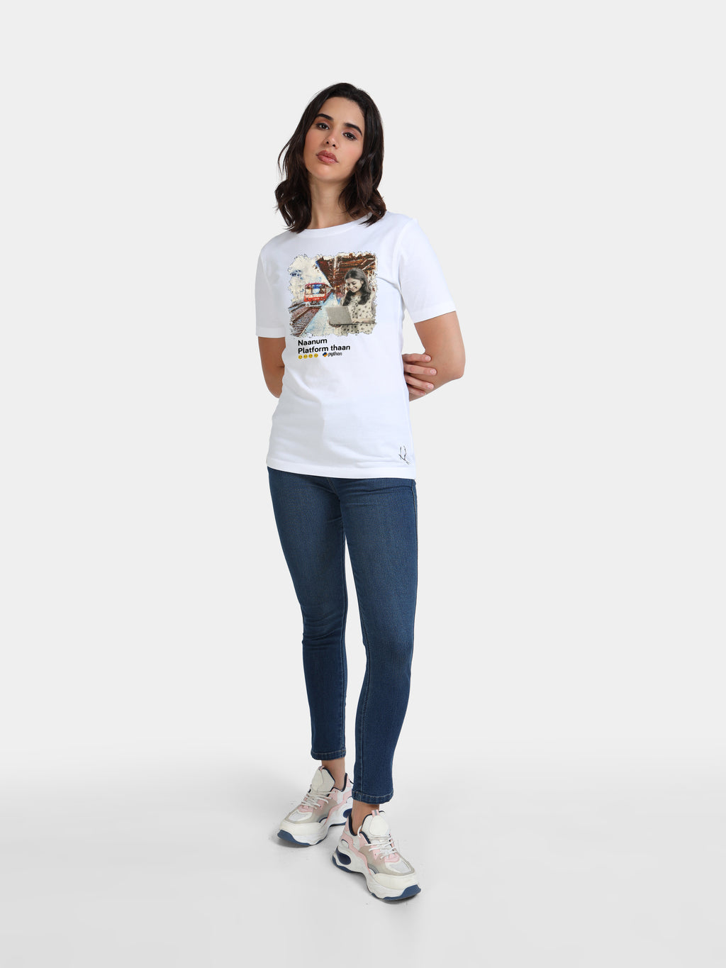 White Cotton Crew Neck Printed T-Shirt For Women