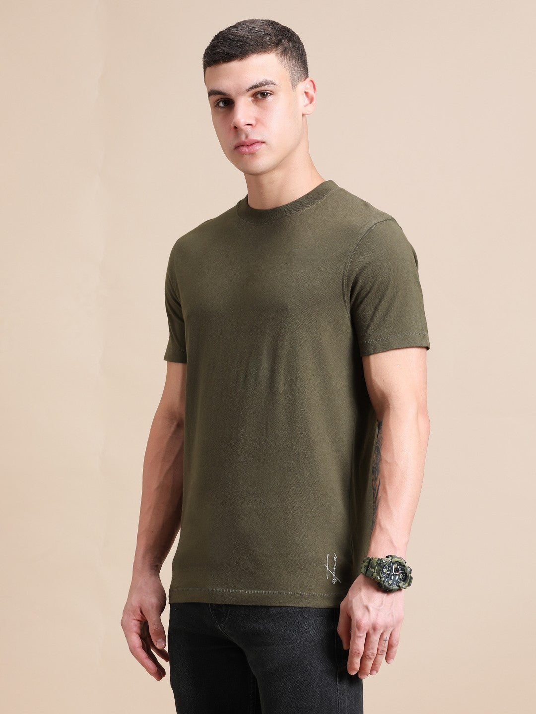 Olive Green Cotton Crew Neck Plain T-Shirt For Men