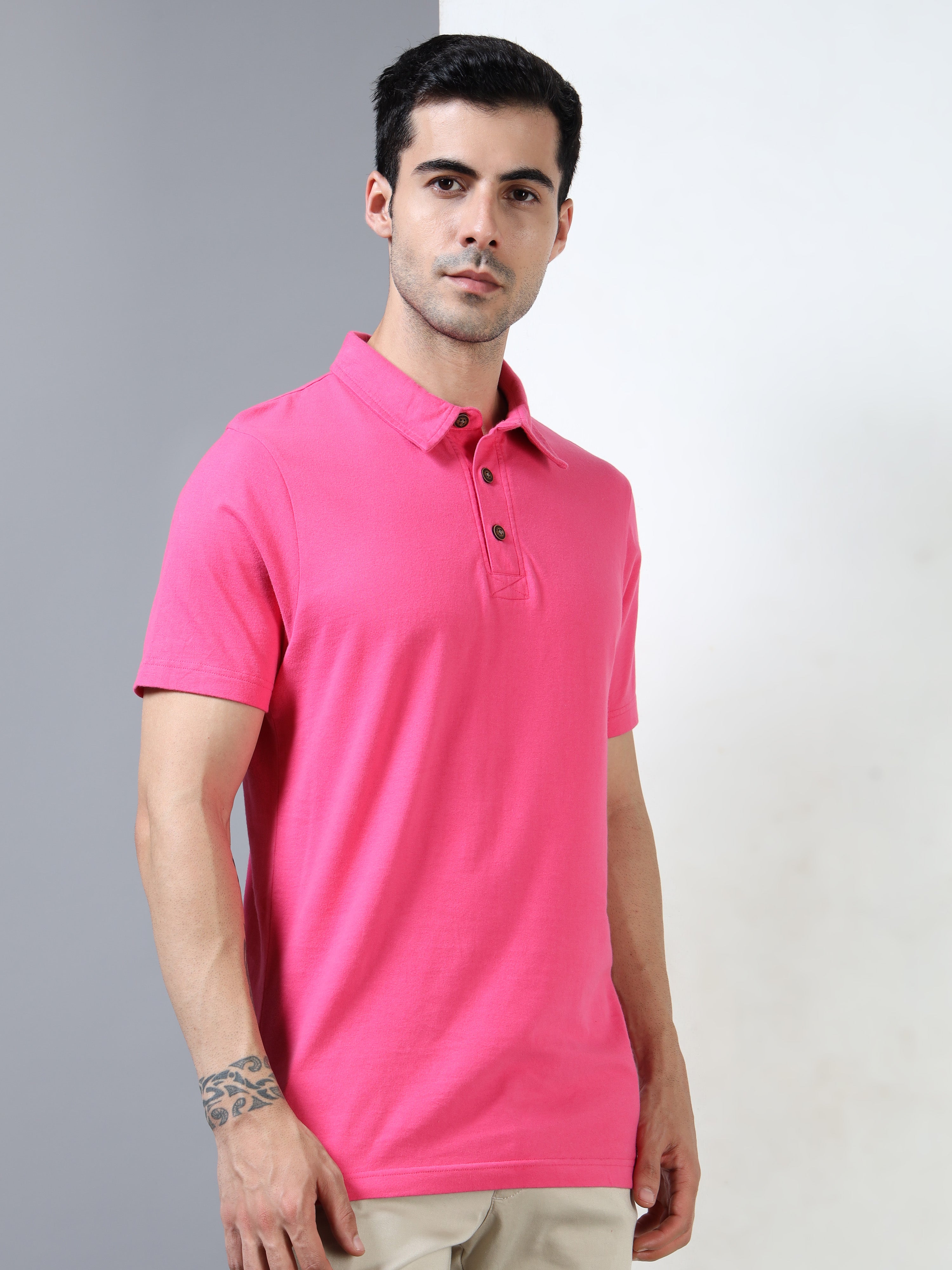 Hot Pink Self Craft Polo Tee for Men