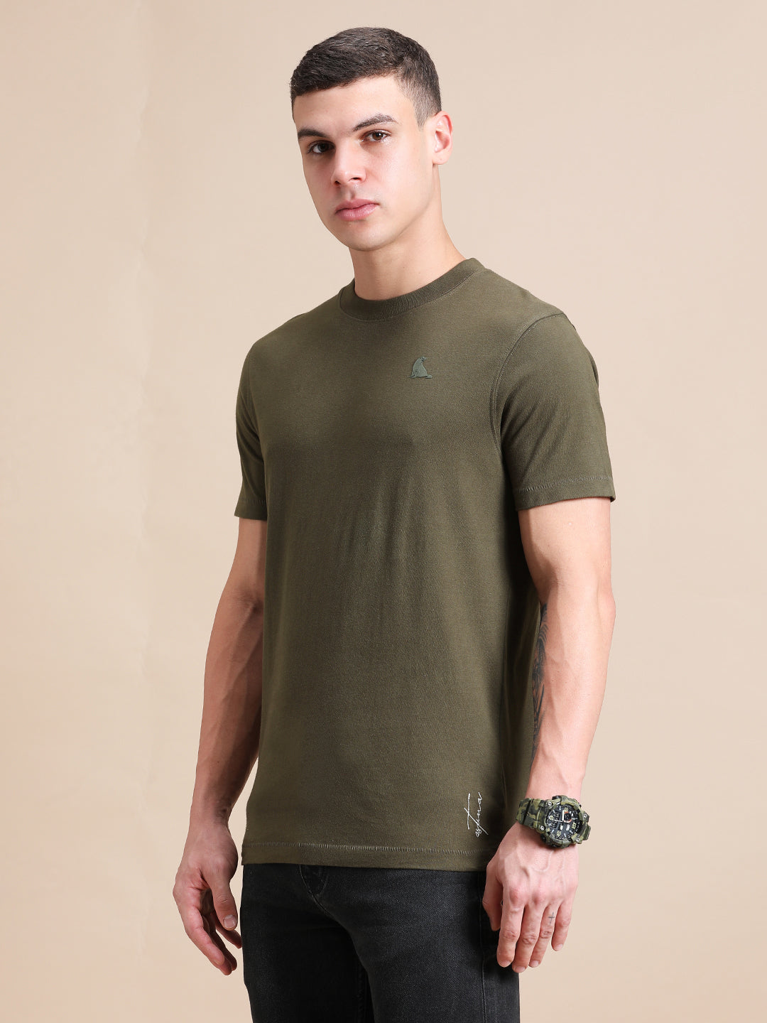 Olive Green Cotton Crew Neck Logo T-Shirt For Men