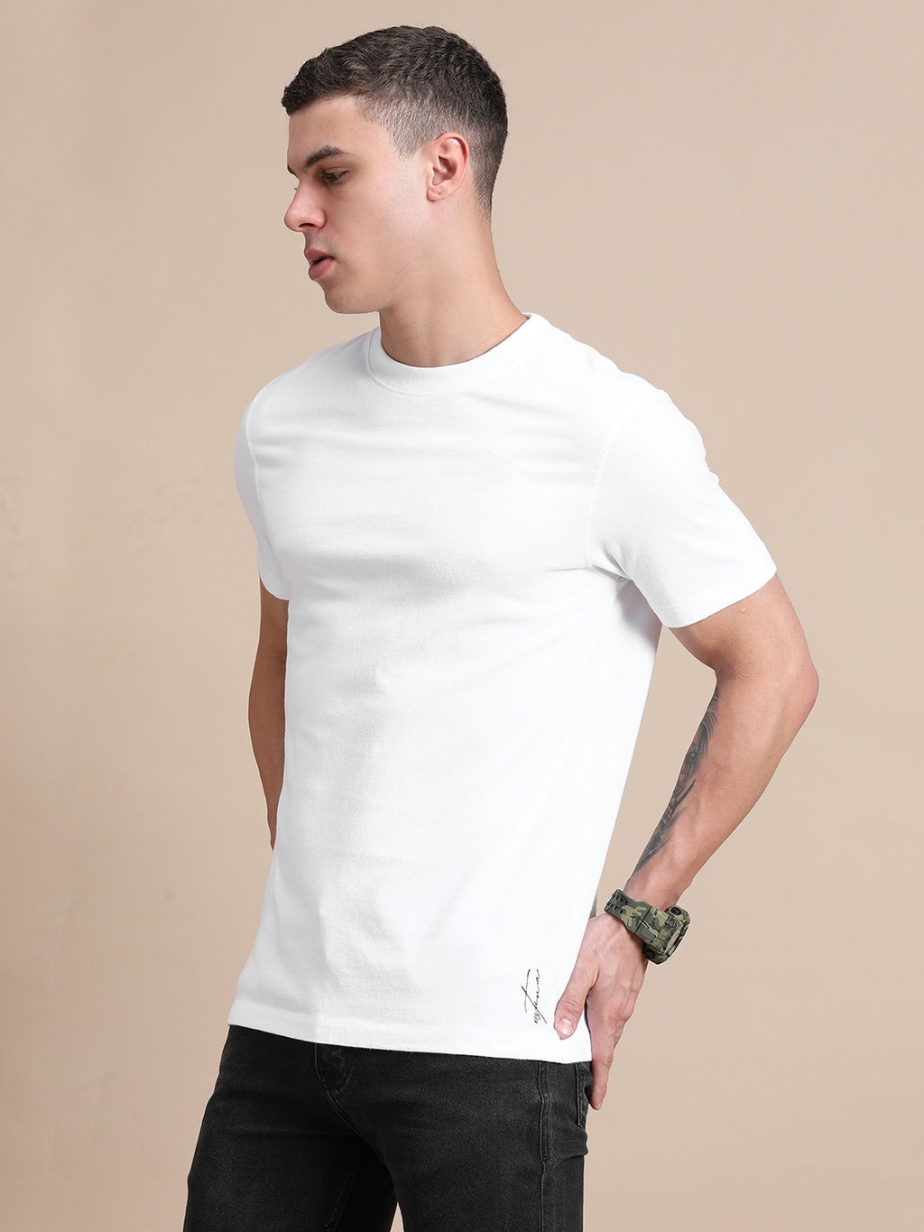 White Cotton Crew Neck Plain T-Shirt For Men