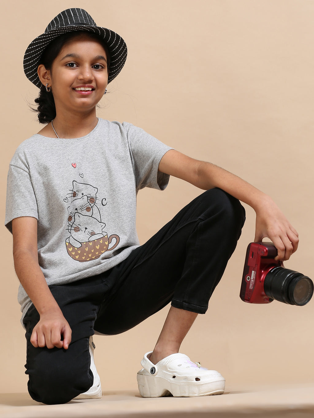 Melange 100% Cotton Crew Neck Girl's T Shirt