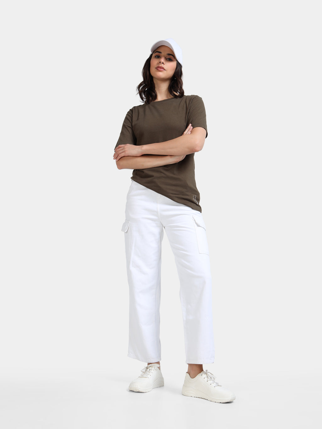 Olive Green Cotton Crew Neck Plain T-Shirt For Women
