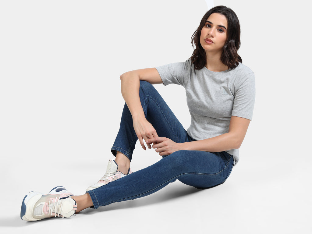 Melange Cotton Crew Neck Logo T-Shirt For Women