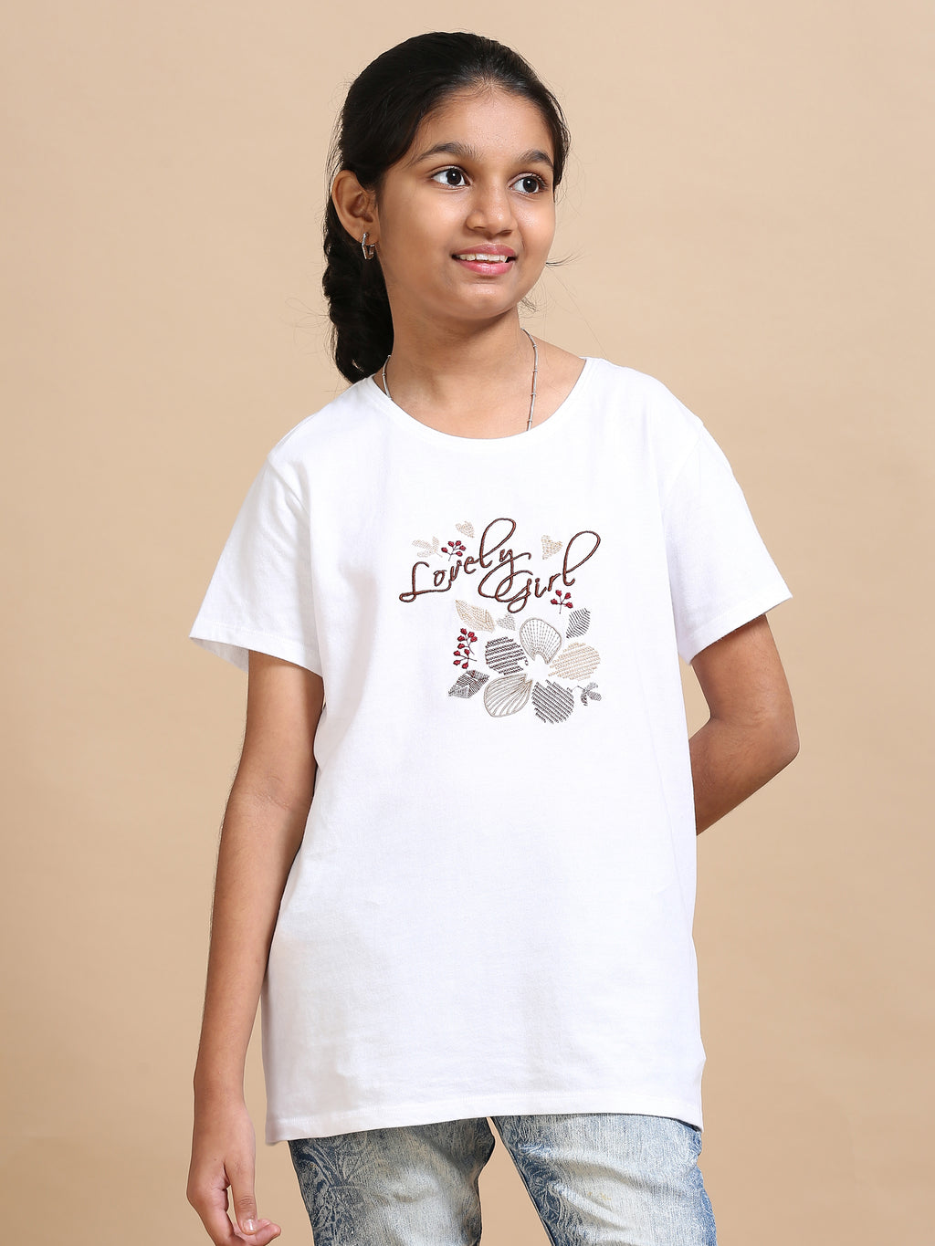 White 100% Cotton Crew Neck Girl's T Shirt
