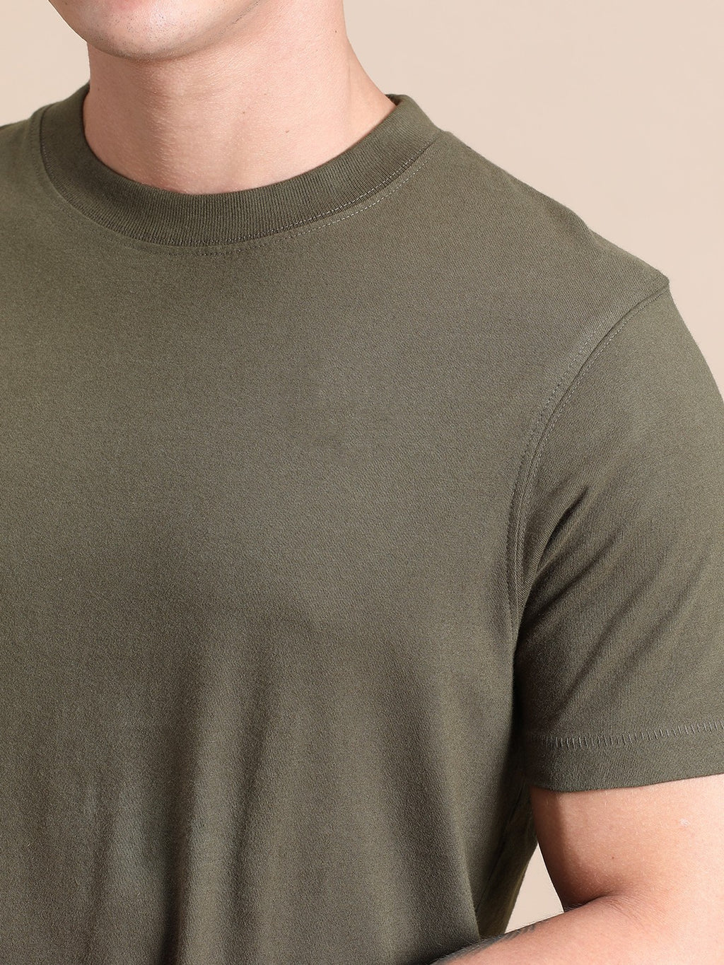 Olive Green Cotton Crew Neck Plain T-Shirt For Men